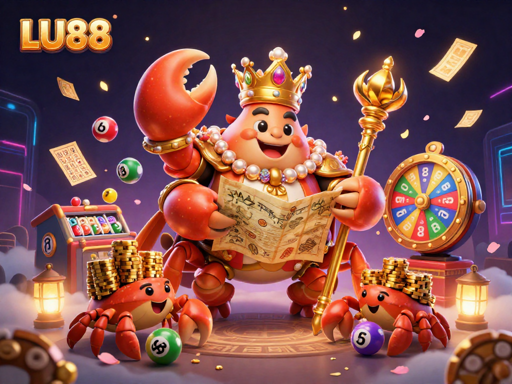 LU88 casino emperor crab character surrounded by vibrant gaming elements in a dynamic scene.
