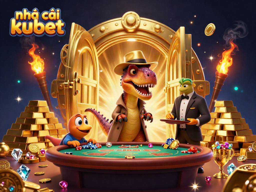 Play at nhà cái kubet with a dynamic blackjack scene featuring animated dinosaurs and treasures.