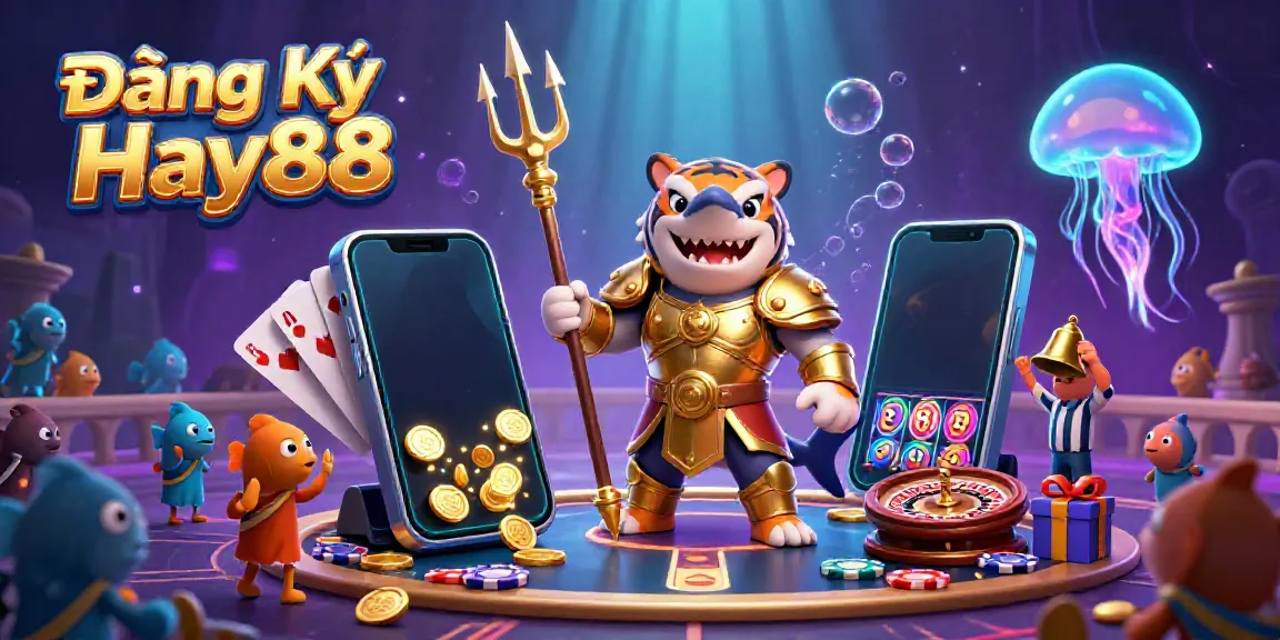 Engaging illustration of Đăng Ký Hay88, showcasing an exciting mobile casino experience with a vibrant underwater theme.