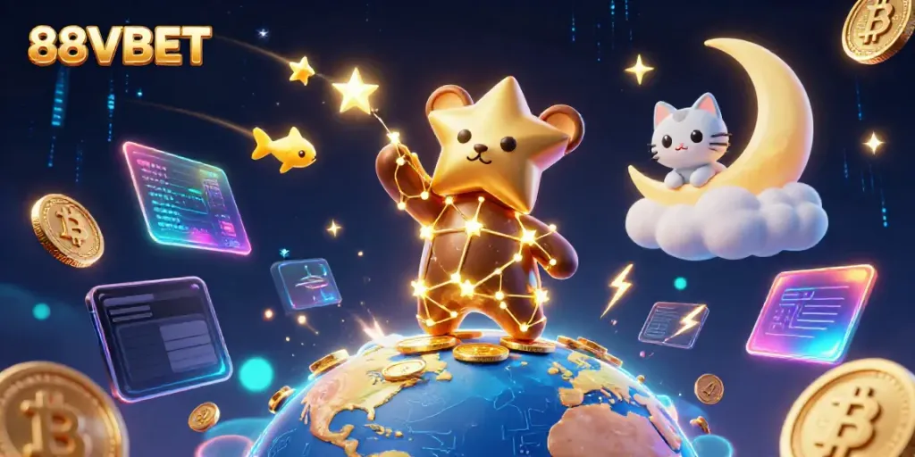 Experience exciting gaming with 88VBET’s vibrant 3D illustration of cosmic characters and crypto elements.