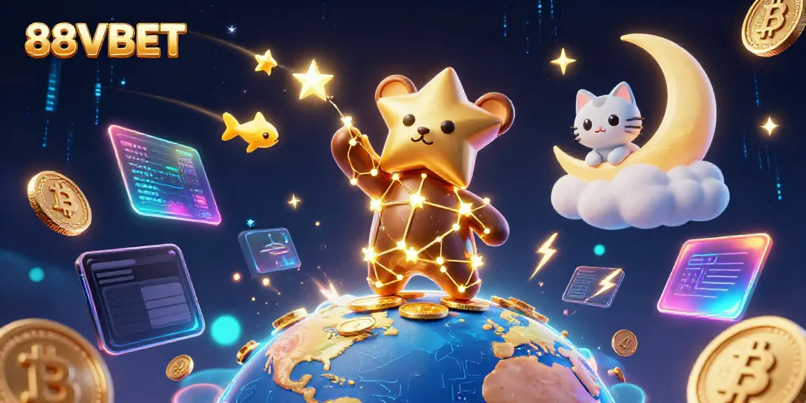 Experience exciting gaming with 88VBET’s vibrant 3D illustration of cosmic characters and crypto elements.