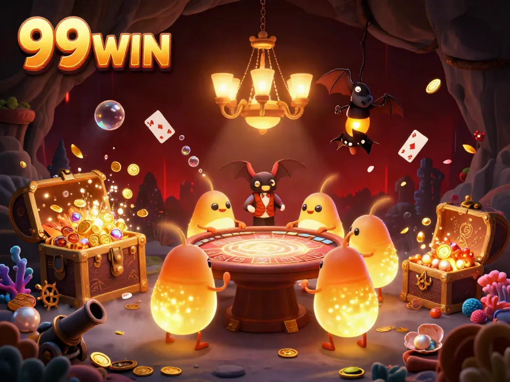 Experience the thrilling atmosphere of 99 WIN's animated casino, illuminated by glowworms and lively gaming elements.