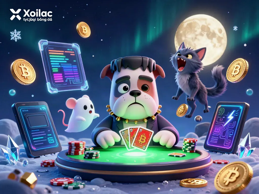 Xoilac trực tiếp bóng đá showcasing a cartoon bulldog dealer with ghostly chips and crypto elements, immersive scene.