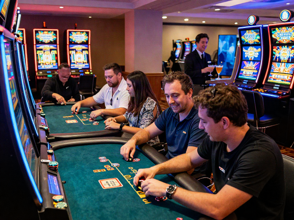 Exciting gaming atmosphere at a credit card casino with diverse players enjoying slots and poker.