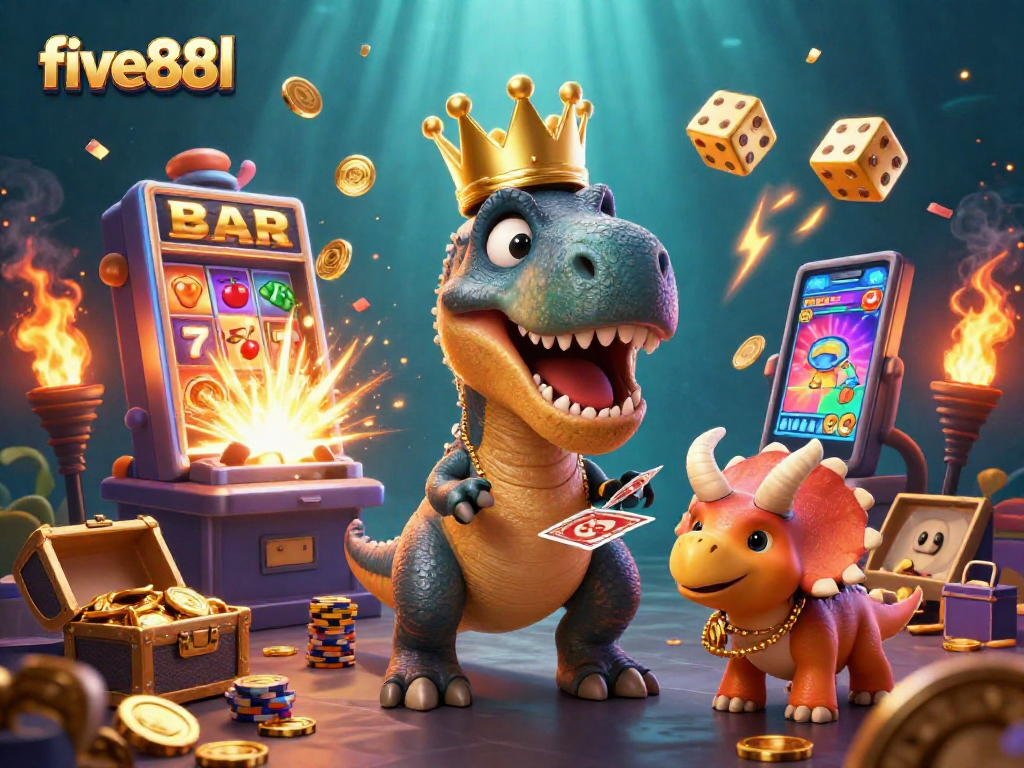Experience the excitement of five88l with a playful T-Rex dealing cards and treasure explosions in a vibrant casino scene.