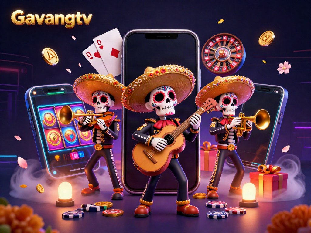 Engaging scene showcasing Gavangtv with skeleton mariachi band amidst gambling elements like slot games and poker.