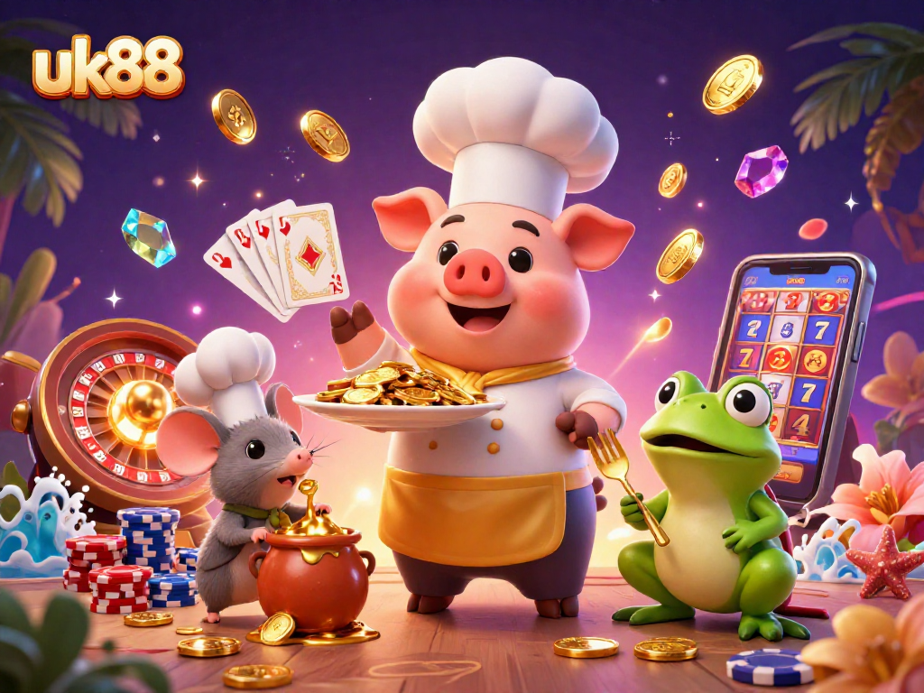 Experience the excitement of gambling with uk88's vibrant 3D illustration showcasing dynamic casino elements.