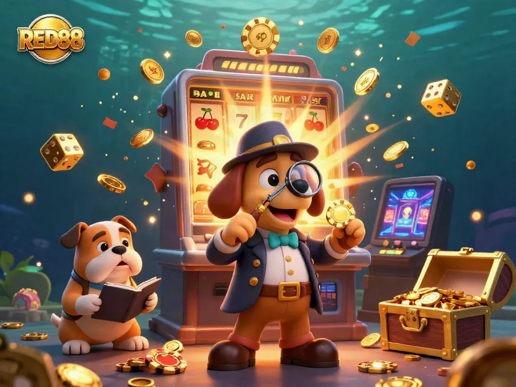 Experience the thrill with RED88 as the detective uncovers a golden poker chip clue in this vibrant casino scene.