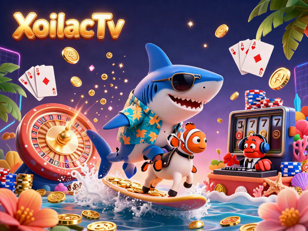 XoilacTv presents a thrilling 3D illustration capturing a shark surfing through golden coins in a vibrant casino environment.