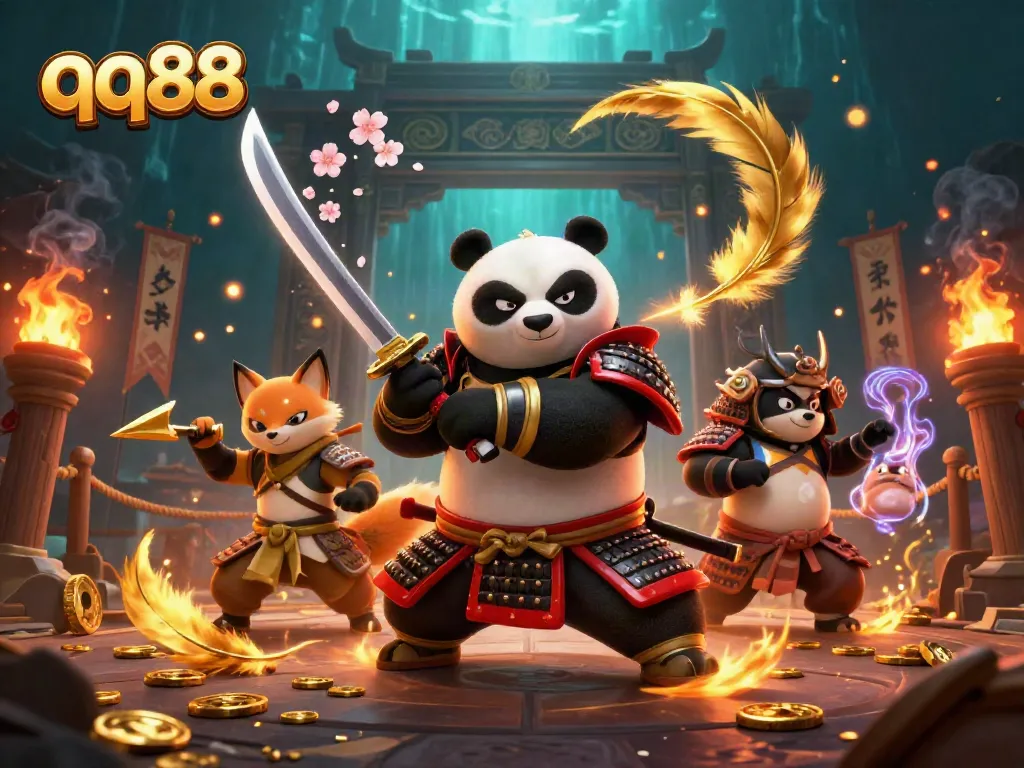 Engage in thrilling games at qq88 featuring a cartoon samurai panda and ninja fox, highlighting vibrant casino elements.