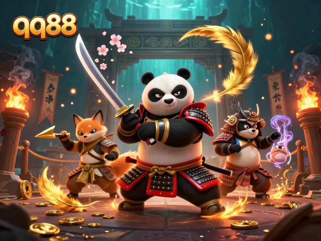 Engage in thrilling games at qq88 featuring a cartoon samurai panda and ninja fox, highlighting vibrant casino elements.