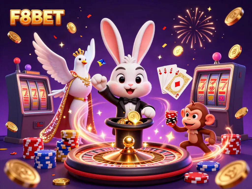 F8BET players enjoying an exciting casino scene with golden coins and a magician rabbit.