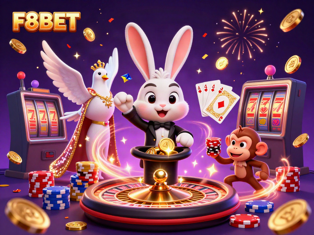 F8BET players enjoying an exciting casino scene with golden coins and a magician rabbit.