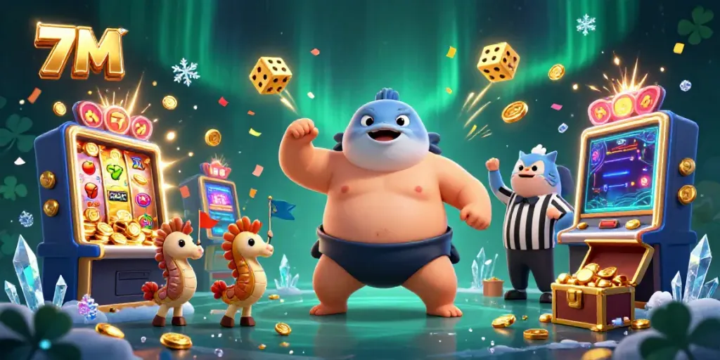 Engaging scene displaying 7M's animated fugu and catfish referee amidst vibrant casino elements.
