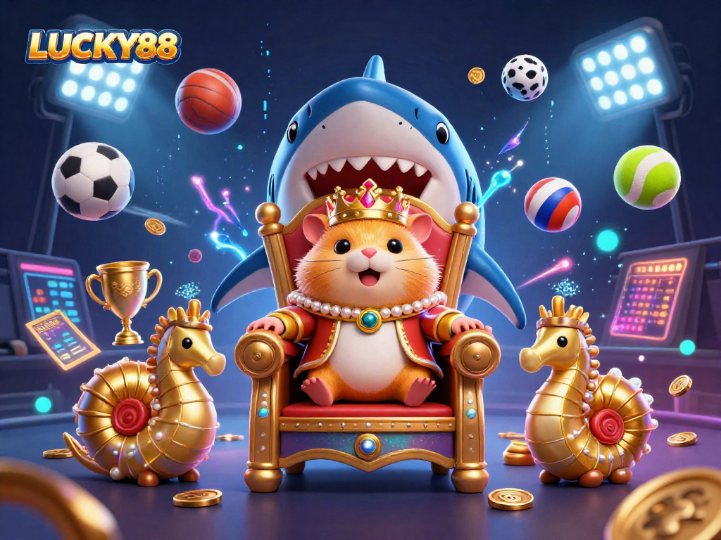 Engage with LUCKY88: Experience a vibrant casino scene featuring a hamster king amidst sports betting excitement.