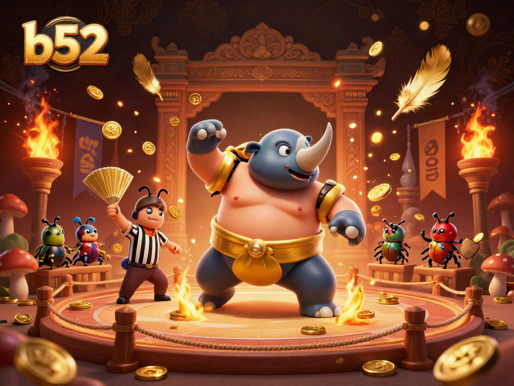 Experience the thrill of b52 gaming with a vibrant illustration featuring a beetle champion amidst flying coins.