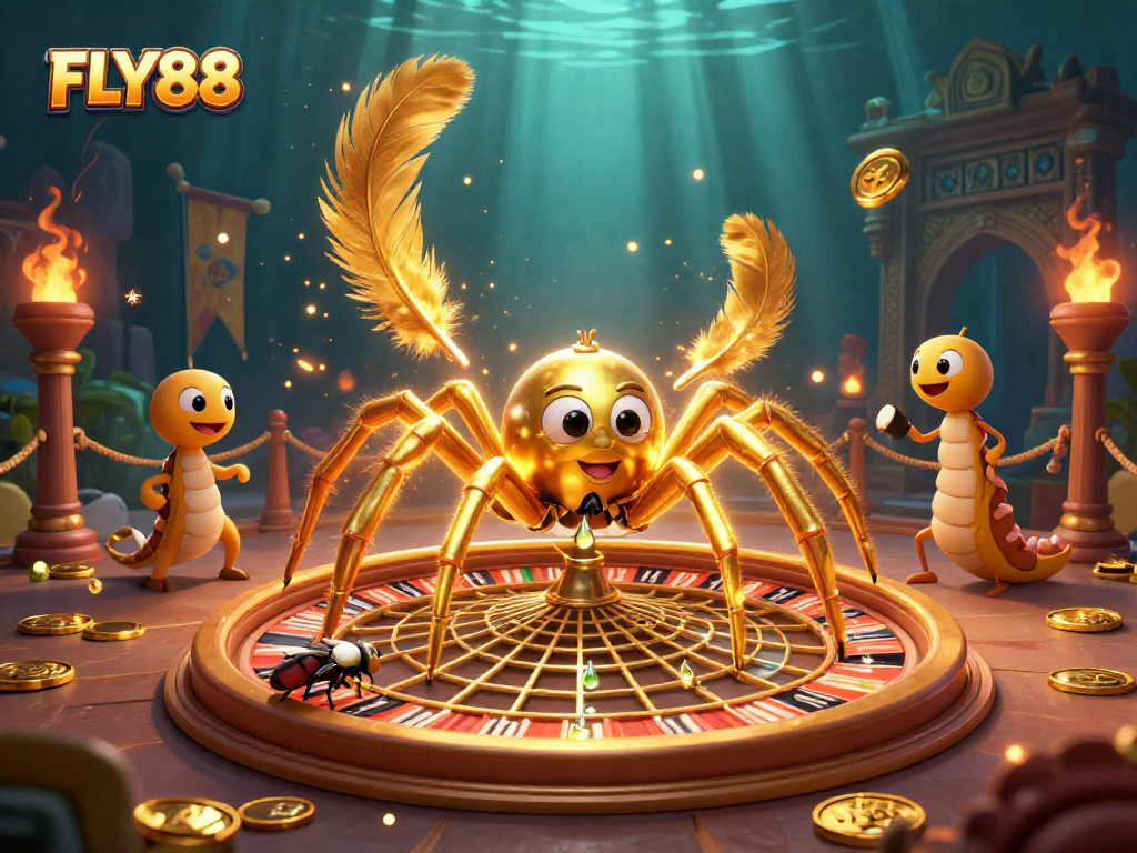 Play games at FLY88 with a cartoon spider spinning a roulette web, showcasing thrilling gambling