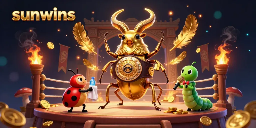 Experience intense casino battles with sunwins, featuring a golden stag beetle champion in a vibrant arena.