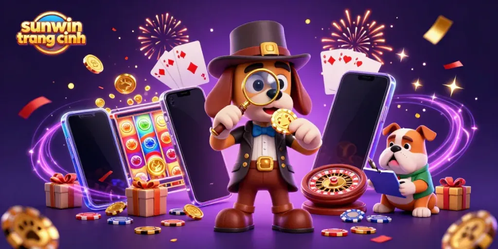 Engaging illustration of sunwin trang chính theme featuring a detective dog exploring slots and poker, capturing casino excitement.