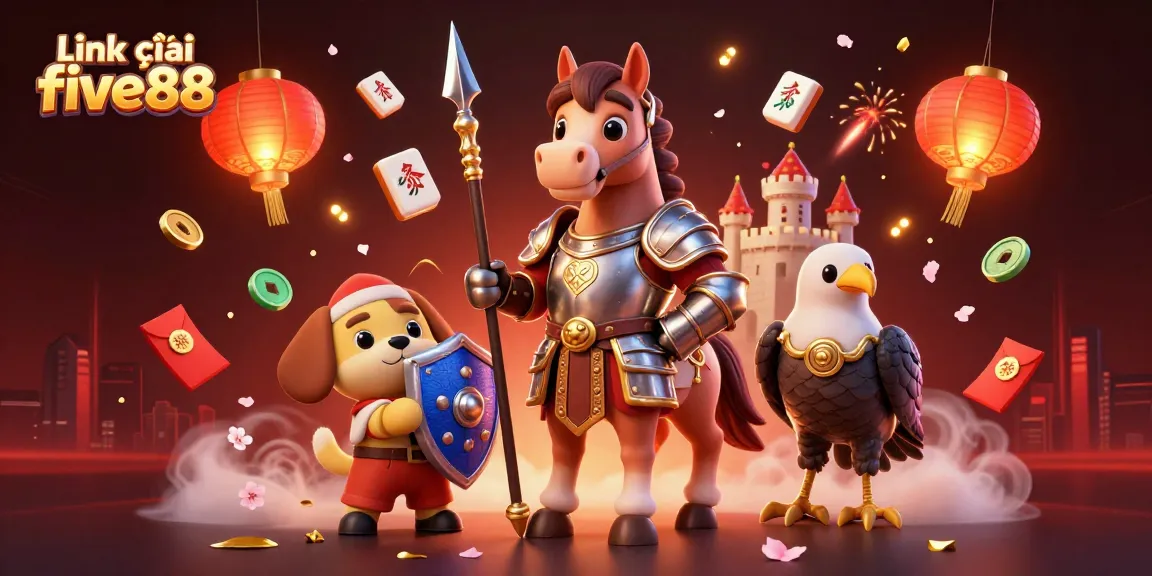 Experience the thrill of gambling with link vào five88 illustrated by a knight, puppy, and falcon in a vibrant scene.