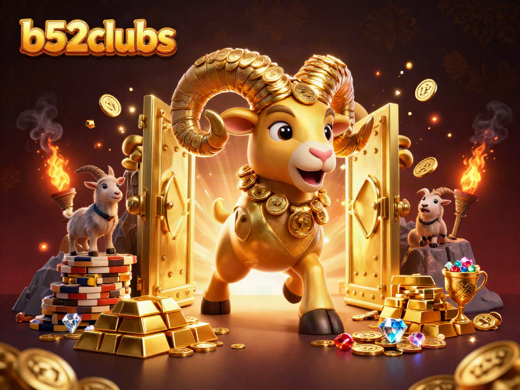 Experience the excitement of b52clubs with a golden ram charging through treasure-packed gates in a dazzling casino scene.