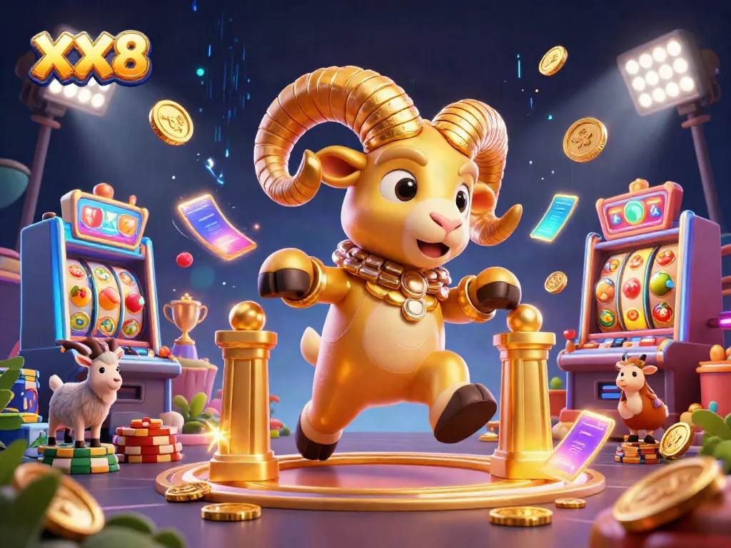 Experience XX8's exhilarating gaming with stunning visuals of a golden ram and dynamic slot elements