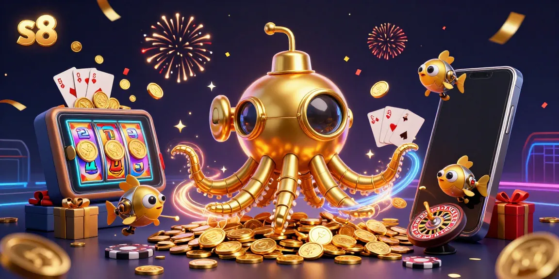Experience thrilling wins at S8 with a vibrant scene of a golden kraken submarine amidst casino games and gold coins.