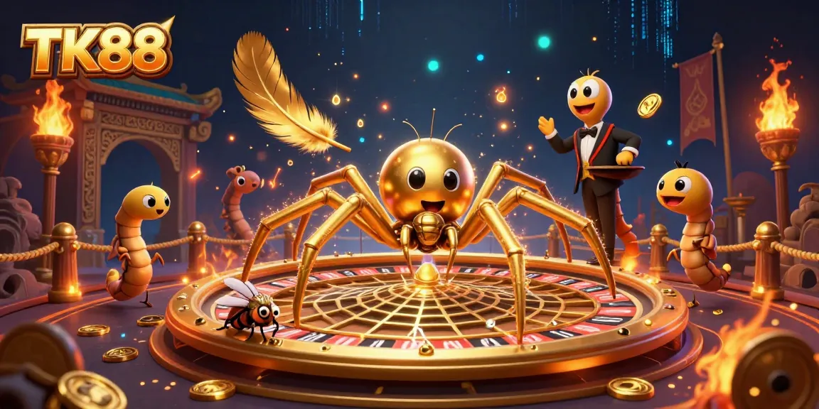 Experience TK88 with a golden roulette web, bets being placed by a fly and a centipede croupier.