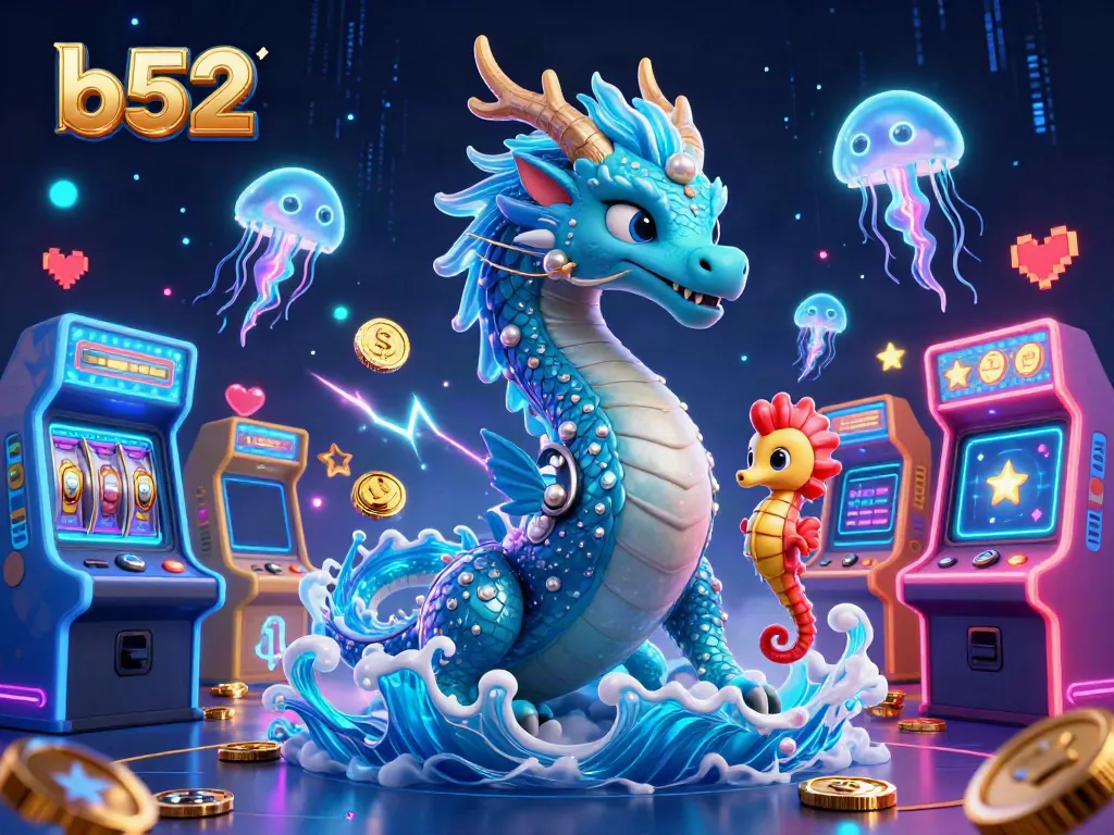 B52 players enjoy an immersive experience with a vibrant dragon, seahorse knight, and arcade gaming elements