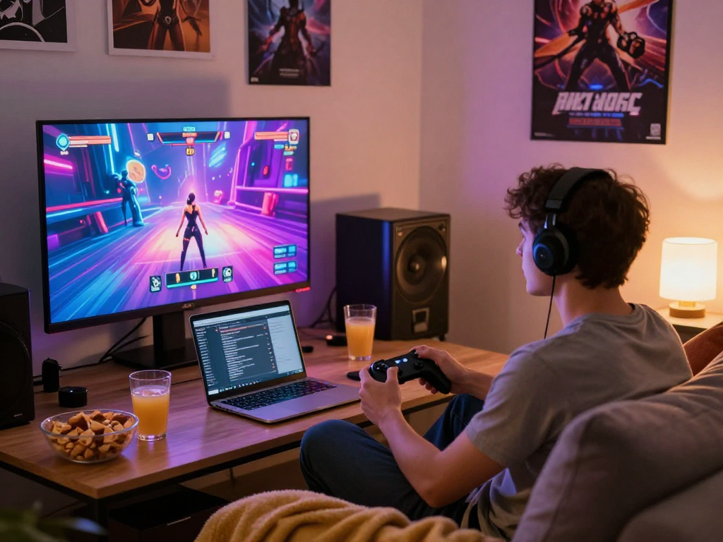Immersive sex game being played in cozy living room, engaging visuals and snacks