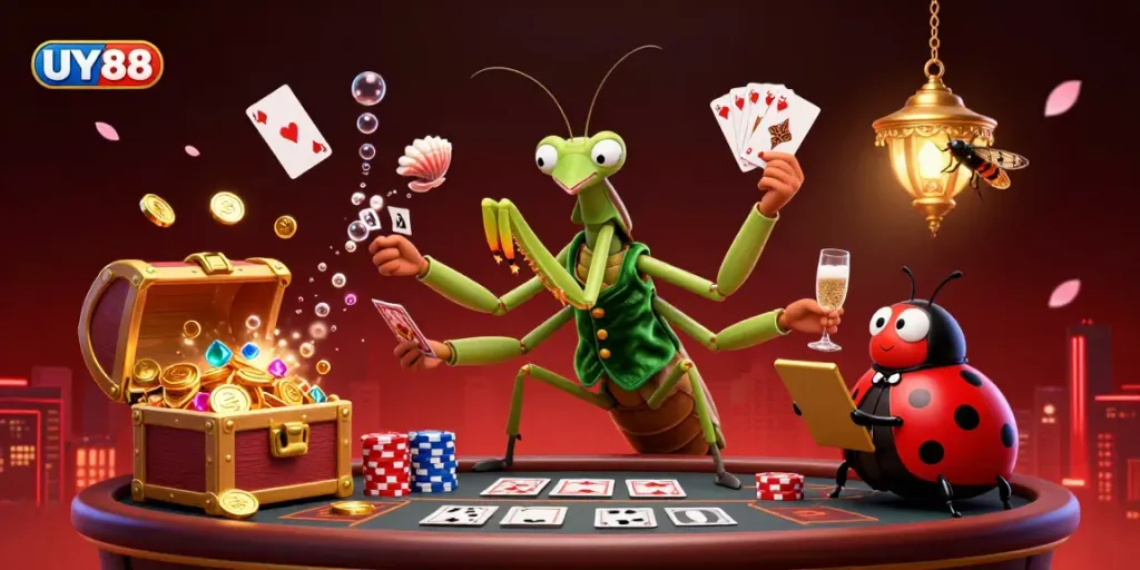 Experience UY88's vibrant casino scene with a unique praying mantis card sharp and ladybug pit boss.