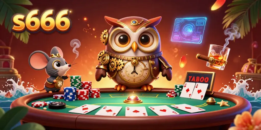 S666 brings the thrill of poker and casino games to life with its engaging illustration of a time-traveling owl guiding you through exciting gaming experiences.