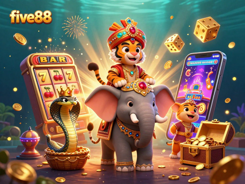 Experience excitement at five88 with a vibrant 3D casino scene featuring slot machines and jackpot celebrations.