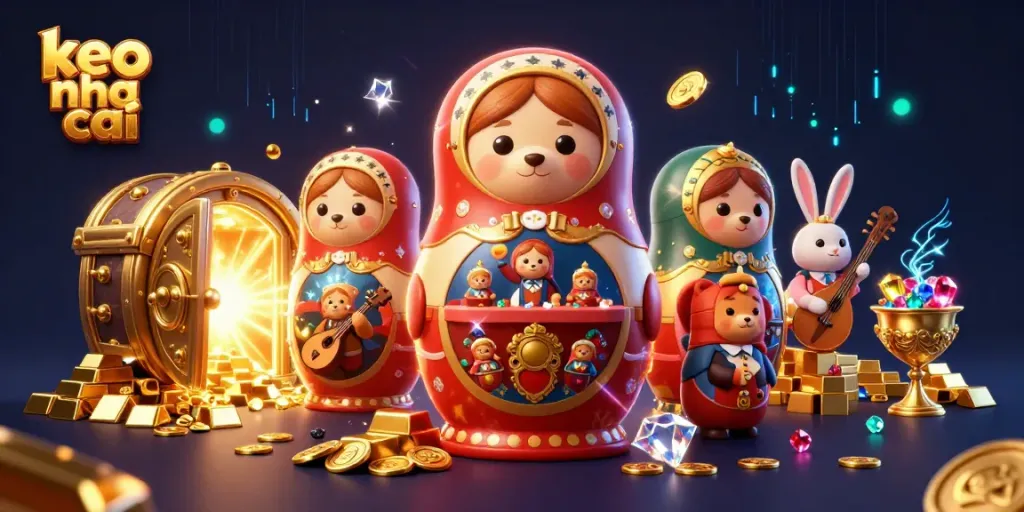 Engage with keo nha cai using an ultra-detailed 3D casino scene featuring cartoon characters and vibrant treasures.
