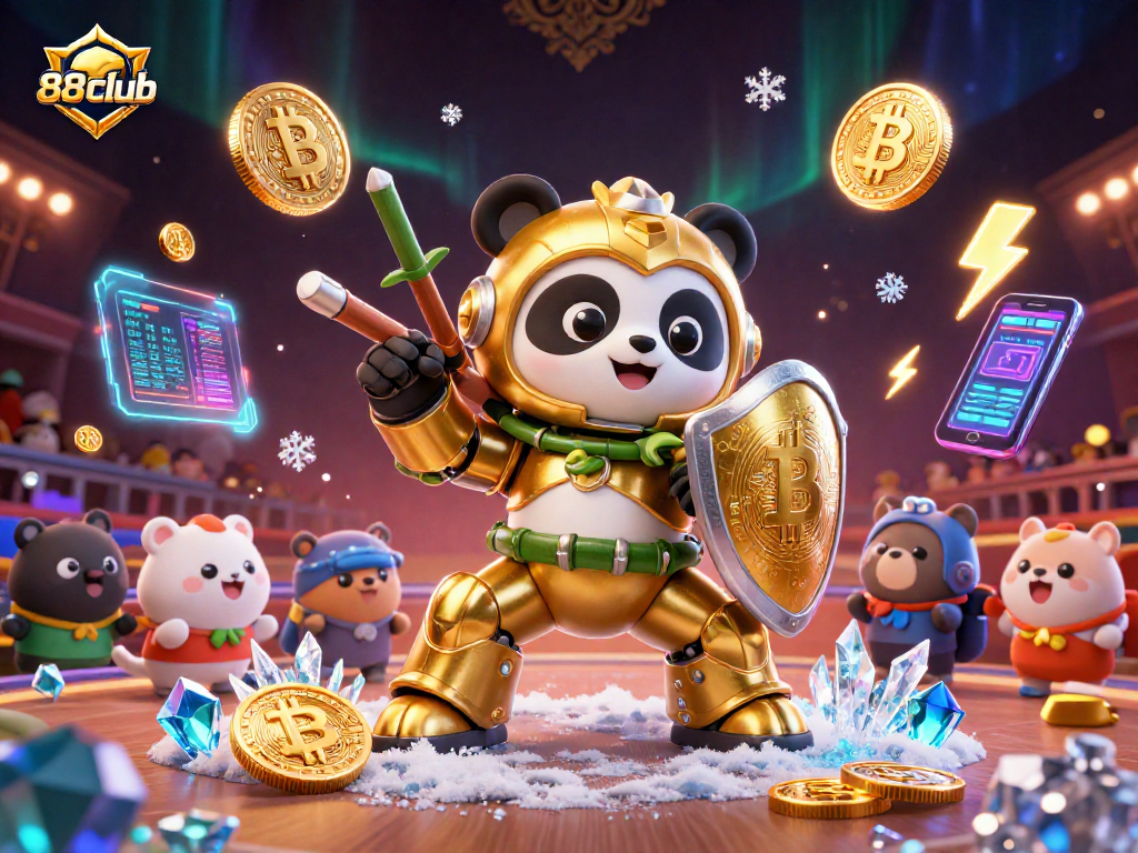 Engage in thrilling action at 88club with a dynamic casino scene featuring immersive 3D elements and vibrant blockchain graphics.