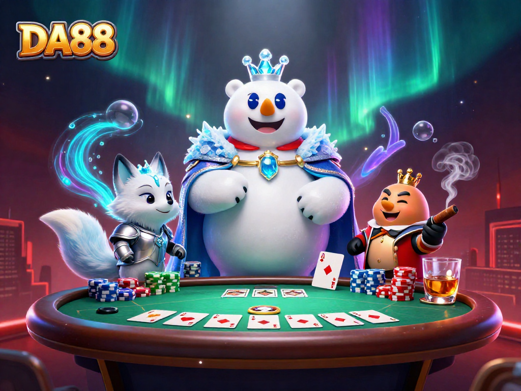 Play poker with DA88's vibrant 3D scene of a polar bear king and snow fox amidst colorful chips.