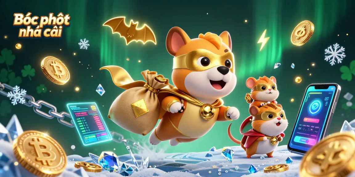 Bóc phốt nhà cái cartoon illustration of a superhero dog and hamster with coins, capturing the thrill of gaming.