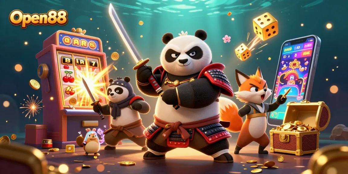 Open88 jackpot excitement with 3D characters amid a vibrant casino scene full of symbols.