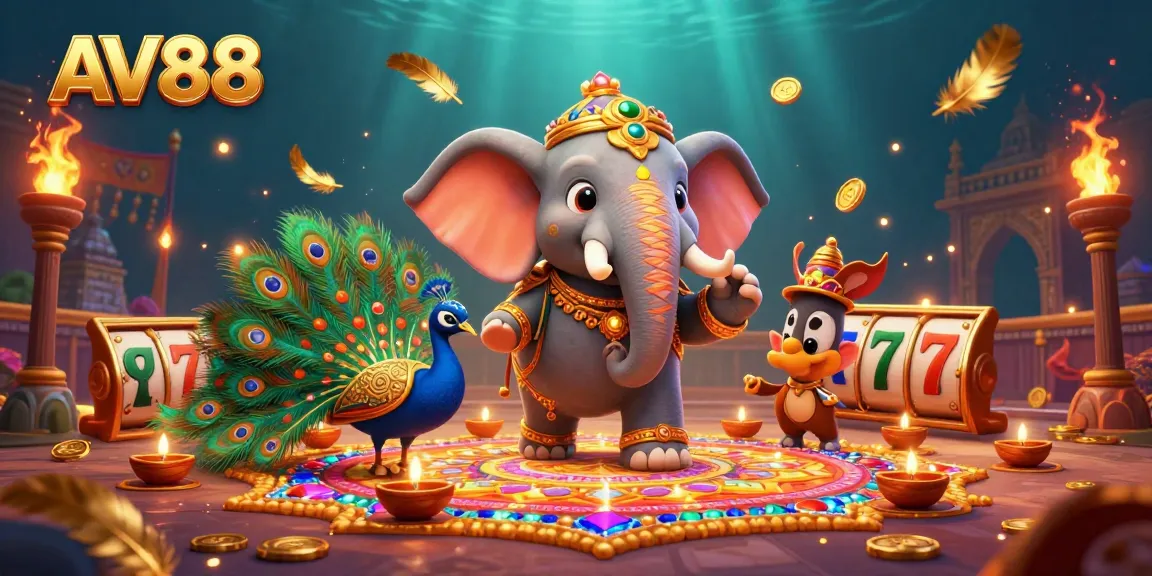 Spin the reels and win big with AV88 in this vibrant casino scene featuring a Diwali-themed elephant!