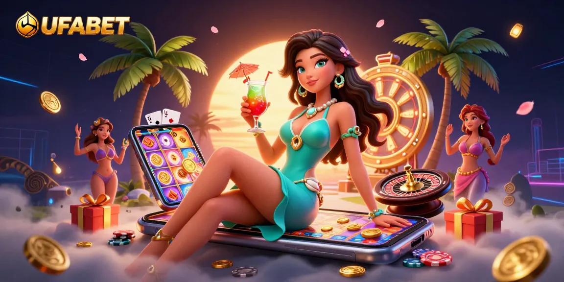 Experience UFABET with interactive slots amidst vibrant casino elements and sunset vibes.