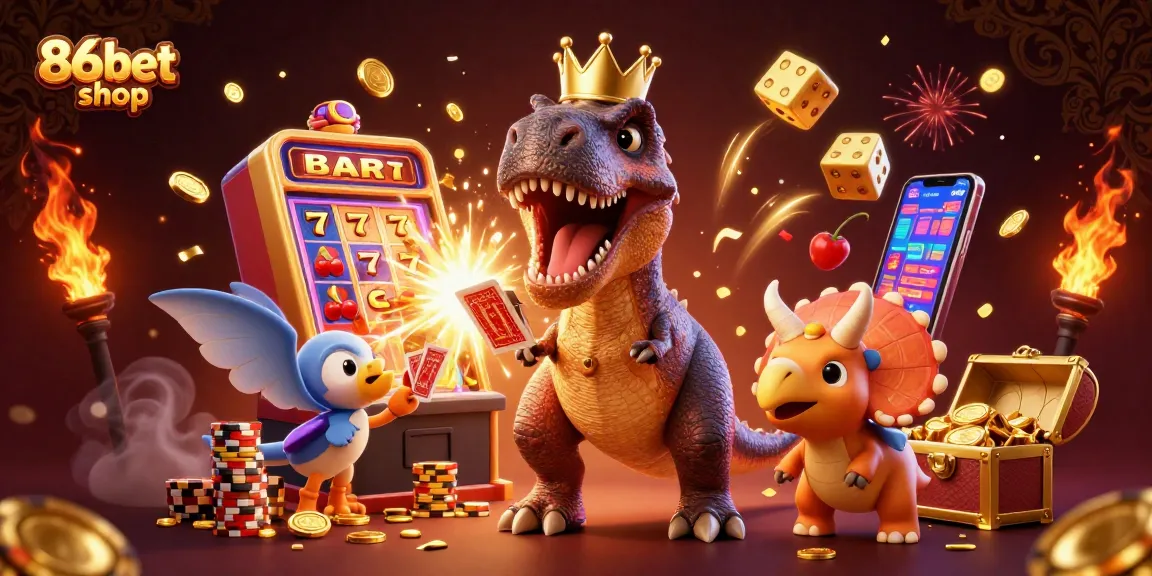 Enjoy thrilling games at 86bet shop with a fun 3D illustration featuring friendly dinosaurs and lively casino elements.