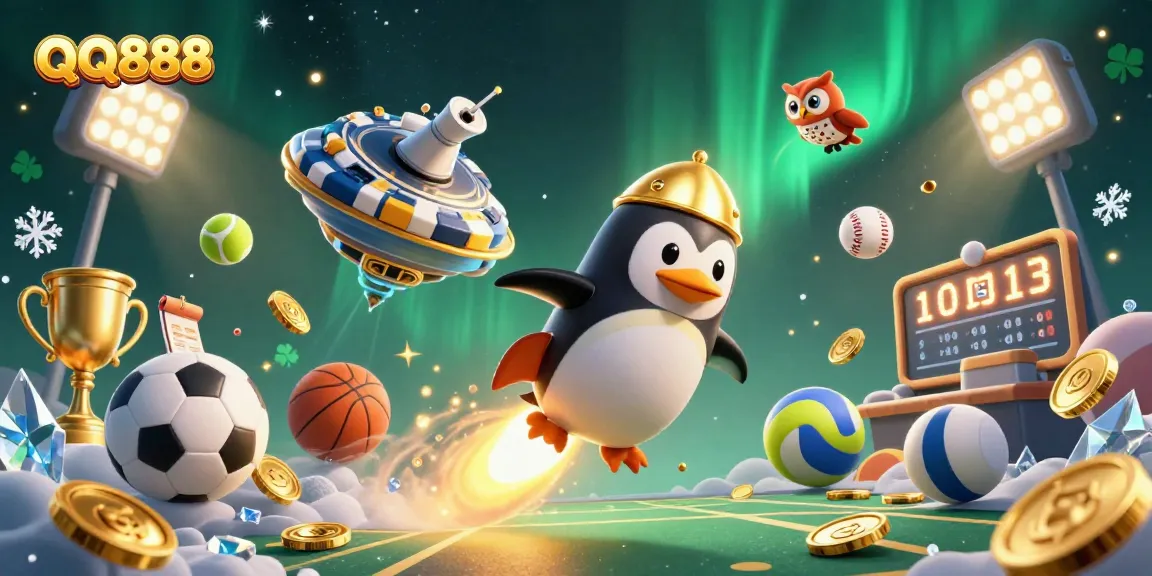 Engage with QQ888's thrilling gaming world, featuring a golden penguin and dynamic sports elements.