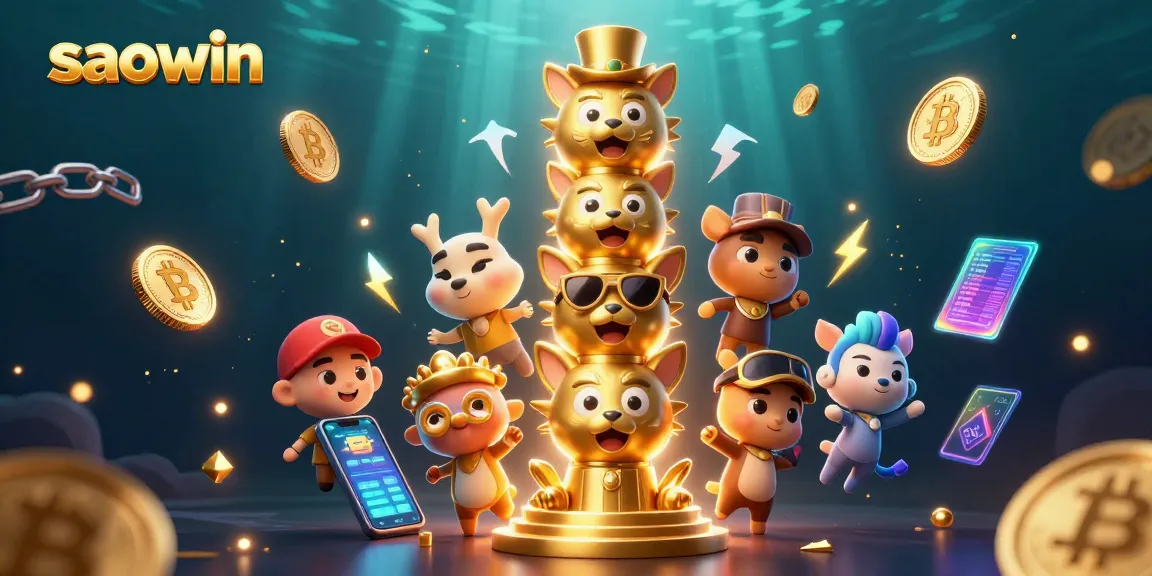 Experience the vibrant action at saowin with animated animal totems and glowing cryptocurrency assets.