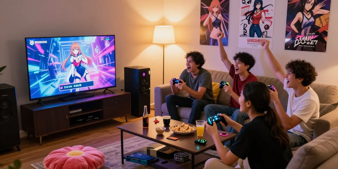 Friends enjoying ecchi games online in a cozy living room setting filled with snacks and colorful controllers.