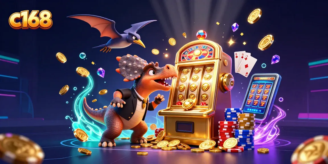 Experience thrilling wins at c168 as a pachycephalosaurus claims jackpot coins from a slot machine.