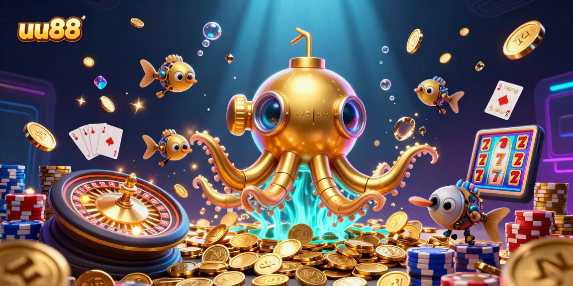 Experience thrilling bets at uu88, with a vibrant scene showcasing golden coins, roulette, and poker elements.