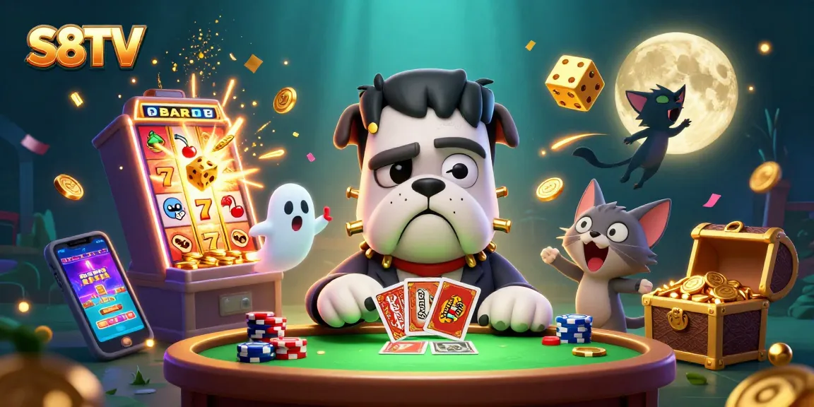S8TV presents a vibrant 3D casino scene with a bulldog monster dealing cards and a treasure chest bursting with coins.