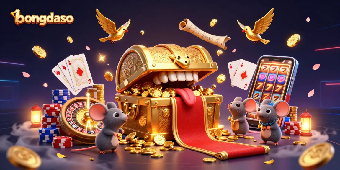 Bongdaso evokes excitement with playful treasure chest, gold coins, and casino elements.