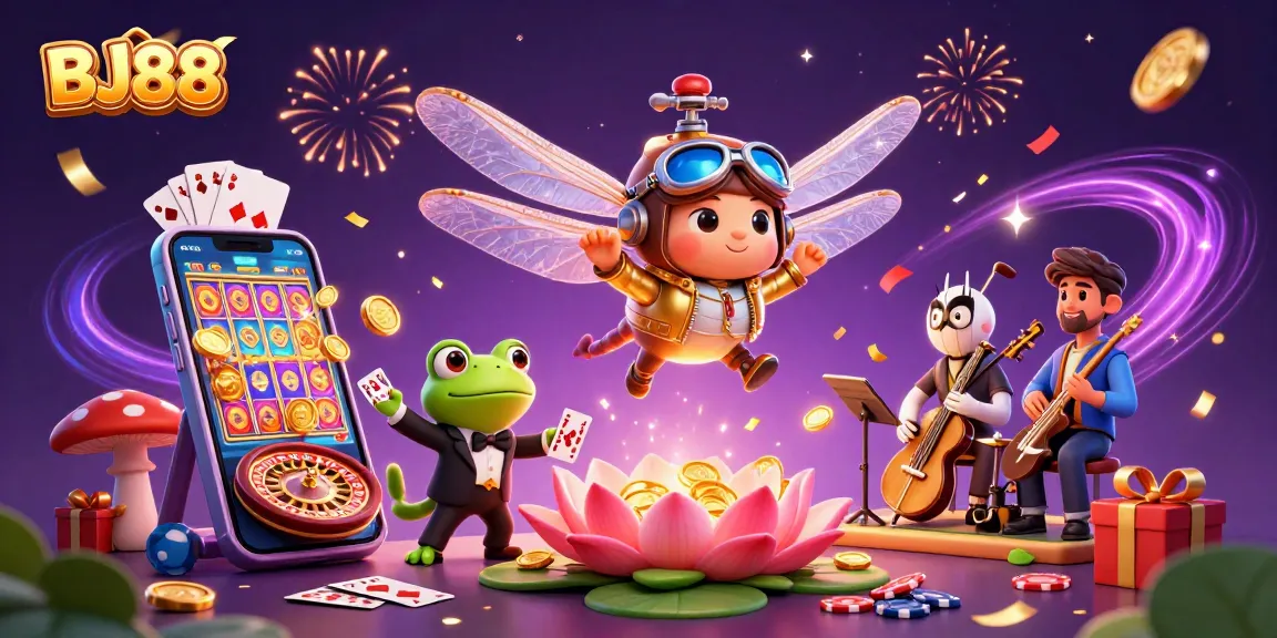 BJ88 showcases vibrant gaming action with a dragonfly helicopter pilot, frog croupier, and jazz band in a casino setting