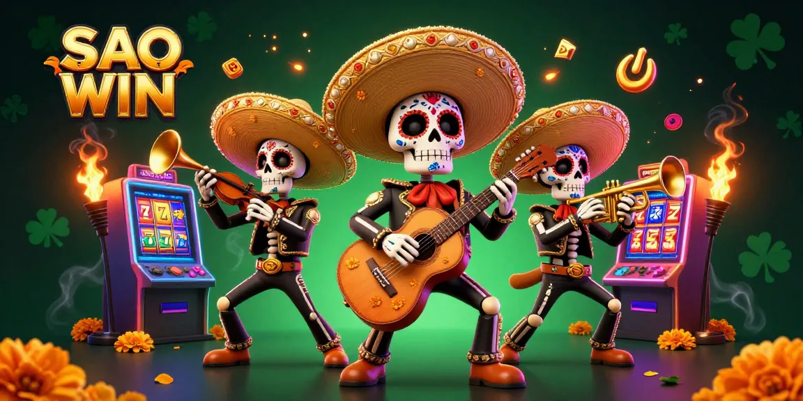Experience SAO WIN casino fun with a vibrant mariachi band amidst dynamic slot machines.
